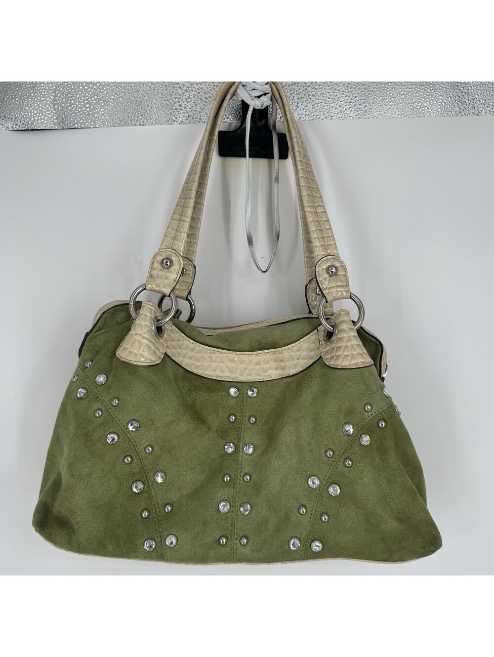 Vintage 90s y2k purse green suede handbag olive rhinestone studded shoulder